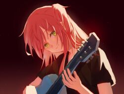 Rule 34 | 1girl, black shirt, bocchi the rock!, closed mouth, commentary, green eyes, guitar, hair between eyes, head tilt, highres, holding, holding instrument, instrument, kita ikuyo, long hair, mimmf, music, playing instrument, red background, red hair, shirt, short sleeves, side ponytail, sidelocks, simple background, smile, solo, sweat, upper body