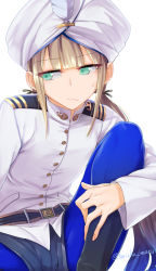 Rule 34 | 1boy, belt, blue hair, blue pantyhose, blunt bangs, captain nemo (fate), closed mouth, fate/grand order, fate (series), gradient hair, green eyes, hat feather, jacket, pantyhose under shorts, light brown hair, long hair, long sleeves, looking to the side, multicolored hair, nemo (fate), pantyhose, shorts, solo, thighs, torichamaru, turban, two-tone hair, white headwear, white jacket