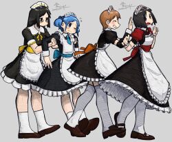 4girls aioi_yuuko black_hair blue_eyes blue_hair blue_necktie blue_ribbon blush bone_nigi brown_eyes brown_footwear brown_hair closed_eyes closed_mouth dress frilled_bracelet frilled_dress frills full_body glasses grey_background hands_up highres kneehighs long_hair looking_at_another maid maid_headdress minakami_mai multiple_girls naganohara_mio necktie nervous_sweating nichijou one_eye_closed open_mouth orange_ribbon profile red_ribbon ribbon shinonome_nano shoes short_hair simple_background smile socks sweat white_socks winding_key yellow_ribbon