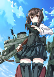 Rule 34 | 10s, 1girl, bike shorts, blush, bow (weapon), brown eyes, brown hair, cloud, crossbow, day, highres, kantai collection, personification, short hair, short shorts, shorts, skirt, sky, solo, taihou (kancolle), totika, weapon