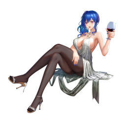 Rule 34 | 1girl, absurdres, alcohol, azur lane, backless dress, backless outfit, black pantyhose, blue hair, blue nails, commentary request, cup, dress, earrings, evening gown, full body, grey dress, hair between eyes, halter dress, halterneck, hand on own thigh, high heels, highres, holding, holding cup, hong bai, invisible chair, jewelry, nail polish, necklace, pantyhose, parted lips, pink eyes, plunging neckline, revealing clothes, side ponytail, sidelocks, silver dress, silver footwear, simple background, sitting, solo, st. louis (azur lane), st. louis (luxurious wheels) (azur lane), thighs, white background