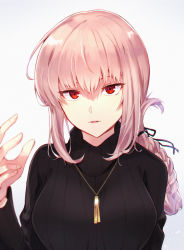 Rule 34 | 1girl, alternate costume, black sweater, braid, breasts, fate/grand order, fate (series), florence nightingale (fate), itsumi mita, jewelry, large breasts, looking at viewer, parted lips, pendant, pink hair, red eyes, ribbed sweater, solo, sweater