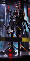 Rule 34 | 1girl, absurdres, black hair, blurry, blurry foreground, bodysuit, city, crossed bangs, eyepatch, garuku, goggles, goggles on head, hand in pocket, high collar, highres, holding, holding sword, holding weapon, jacket, looking at viewer, open clothes, open jacket, orange eyes, original, robot, short hair, solo, sword, weapon