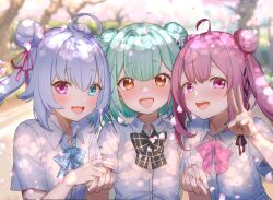 Rule 34 | 3girls, ahoge, amemiya nazuna, black hair, blue eyes, blue hair, bow, bowtie, braid, breasts, commentary request, dongchuan, double bun, green hair, hair bun, heterochromia, holding hands, hololive, indie virtual youtuber, loose bowtie, mikeneko (vtuber), mikeneko (vtuber) (3rd costume), multicolored hair, multiple girls, open mouth, orange eyes, pink eyes, pink hair, small breasts, smile, twintails, two-tone hair, uruha rushia, v, virtual youtuber, voice actor connection, vshojo