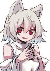 Rule 34 | 1girl, 9302w (user wjpg8475), :d, animal ear fluff, animal ears, bare shoulders, highres, inubashiri momiji, looking at viewer, open mouth, red eyes, shirt, short hair, simple background, smile, solo, touhou, upper body, white background, white hair, white shirt, white sleeves, wolf ears, wolf girl