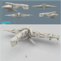Rule 34 | 3d, commentary, concept art, eve online, frigate (eve online), from behind, from side, full body, grey theme, highres, military, military vehicle, original, pinarci, science fiction, shadow, size comparison, space ship, spacecraft, spaceship, standing, t-pose, vehicle focus