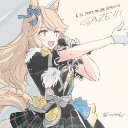 Rule 34 | 1girl, animal ears, black jacket, blonde hair, blue eyes, bow, breasts, ear ornament, feather boa, gloves, gold city (umamusume), green skirt, grey bow, hand up, holding, holding microphone, horse ears, horse girl, horse tail, inutose, jacket, long hair, looking afar, microphone, open mouth, outstretched arm, pointing, sash, short sleeves, shoulder sash, skirt, small breasts, smile, solo, splendor of onyx (umamusume), tail, twitter username, umamusume, white gloves