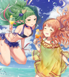 Rule 34 | 2girls, adapted costume, bikini, braid, breasts, cup, dress, drink, closed eyes, fire emblem, fire emblem: radiant dawn, fire emblem: three houses, fire emblem heroes, floating hair, frills, green eyes, green hair, hair ribbon, haru (nakajou-28), holding, holding cup, long hair, multiple girls, nintendo, ocean, one-piece swimsuit, open mouth, orange hair, outdoors, pointy ears, ribbon, ribbon braid, see-through, small breasts, smile, sothis (fire emblem), summer, swimsuit, twin braids, very long hair, yellow dress, yune (fire emblem)