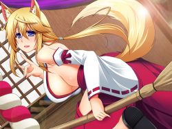 Rule 34 | 1girl, animal ears, backless outfit, bare shoulders, blonde hair, blue eyes, breasts, detached sleeves, fox ears, fox shadow puppet, fox tail, hair between eyes, hakama, hakama skirt, hip vent, japanese clothes, large breasts, long hair, long sleeves, looking at viewer, low ponytail, miko, militia minpei, original, parted lips, sideboob, skirt, smile, solo, tail, wide sleeves