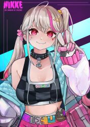 Rule 34 | 1girl, absurdres, blonde hair, breasts, collar, gloves, goddess of victory: nikke, heart, heart tattoo, highres, jackal (nikke), jacket, low twintails, medium breasts, multicolored hair, open clothes, open jacket, open mouth, pink gloves, pink hair, pink ribbon, red eyes, ribbon, side ponytail, sidelocks, solo, spiked collar, spikes, sports bra, tattoo, twintails, two-sided fabric, two-sided jacket, two-tone gloves, user kczd4722, v