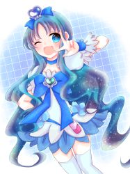 Rule 34 | 1girl, absurdres, blue background, blue dress, blue eyes, blue hair, brooch, checkered background, choker, cure marine, dress, flower, hair ornament, heart, heart brooch, heartcatch precure!, highres, jewelry, kori (spinsongs), kurumi erika, long hair, looking at viewer, magical girl, one eye closed, open mouth, precure, puffy short sleeves, puffy sleeves, short sleeves, skirt, smile, solo, thighhighs, two-tone background, white background, white dress, white thighhighs