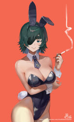 Rule 34 | 1girl, alternate costume, animal ears, arm under breasts, black hair, black leotard, black nails, blue eyes, breasts, chainsaw man, cigarette, cleavage, detached collar, eyepatch, grin, highleg, highleg leotard, himeno (chainsaw man), holding, holding cigarette, large breasts, leotard, necktie, rabbit ears, rabbit tail, red background, short hair, short necktie, siriuflong, smile, smoke, smoking, solo, tail