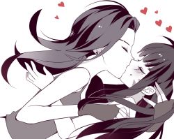 Rule 34 | 2girls, asymmetrical hair, blush, breasts, casual, couple, d.va (overwatch), earrings, closed eyes, facing another, fingerless gloves, gloves, heart, hug, jewelry, kaoruru (sakuno2911), kiss, long hair, looking at another, medium breasts, monochrome, multiple girls, overwatch, overwatch 1, profile, simple background, sombra (overwatch), spot color, stud earrings, upper body, white background, yuri