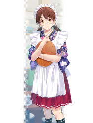 Rule 34 | 1girl, alternate costume, apron, black socks, brown eyes, brown hair, enmaided, floral print, highres, japanese clothes, kantai collection, kimono, low twintails, maid, maid apron, maid headdress, map (blue catty), parted bangs, print kimono, purple kimono, shirayuki (kancolle), short twintails, smile, socks, solo, standing, twintails, wa maid, white apron
