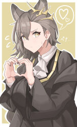 Rule 34 | 1girl, absurdres, animal ear fluff, animal ears, arknights, black jacket, black nails, blush, breasts, brown background, closed mouth, commentary, earrings, flying sweatdrops, hair between eyes, hands up, heart, heart hands, highres, jacket, jewelry, large breasts, long sleeves, looking at viewer, nail polish, off shoulder, open clothes, open jacket, outline, penance (arknights), shirt, solo, spoken heart, stud earrings, sweat, tenten (1010haka), two-tone background, upper body, white background, white outline, white shirt, wide sleeves