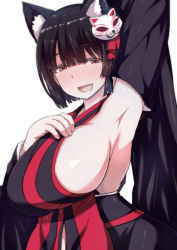 Rule 34 | 1girl, animal ears, arinotowatari, arm up, armpits, azur lane, black hair, blush, breasts, cat ears, cat girl, cleavage, detached sleeves, fang, female focus, hair ornament, huge breasts, japanese clothes, looking at viewer, no bra, open mouth, profile, red eyes, short hair, sideboob, simple background, solo, standing, upper body, white background, yamashiro (azur lane)