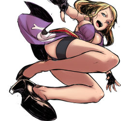 Rule 34 | 1girl, bakuya, blonde hair, jenet behrn, breasts, cleavage, fatal fury, fingerless gloves, gloves, high heels, highres, jumping, large breasts, legs, long hair, long legs, garou: mark of the wolves, open mouth, shoes, sideboob, snk, solo, the king of fighters, thigh strap, thighs, underwear, white background