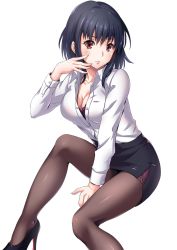 Rule 34 | 10s, 1girl, alternate costume, between legs, black footwear, black hair, black pantyhose, black skirt, blush, bra, breasts, buttons, cleavage, closed mouth, collarbone, collared shirt, dress shirt, eyebrows, fingernails, hand between legs, high heels, kantai collection, leaning forward, long sleeves, medium breasts, office lady, pantyhose, partially unbuttoned, pencil skirt, pink lips, purple bra, red eyes, sakiyamama, shirt, shoes, short hair, side slit, simple background, sitting, skirt, solo, tareme, underwear, white background, wing collar, yamashiro (kancolle)