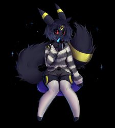 Rule 34 | 1girl, anakoluth, animal ears, black eyes, black hair, colored sclera, creatures (company), food in mouth, furrification, furry, furry female, game freak, gen 2 pokemon, highres, long sleeves, looking at viewer, nintendo, pokemon, pokemon (creature), popsicle, popsicle in mouth, red sclera, short hair, solo, tail, thighhighs, umbreon, white thighhighs