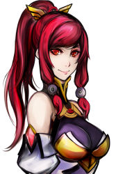 Rule 34 | 1girl, absurdres, arc system works, armor, armored dress, bare shoulders, blazblue, blazblue: chronophantasma, breasts, detached sleeves, early type, hair tubes, highres, izayoi (blazblue), large breasts, long hair, ponytail, red eyes, red hair, smile, solo