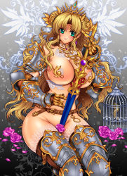 Rule 34 | armor, belt, birdcage, blonde hair, boots, breasts, cage, circlet, collar, convenient censoring, crown, earrings, flower, gauntlet, gauntlets, gold trim, greaves, green eyes, hair bun, hair buns, jewelry, john r, lace, large breasts, long hair, ornate, ornate armor, ornate clothes, ornate clothing, pasties, revealing clothes, single hair bun, sword, thighhighs, thighhighs under boots, weapon