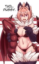 Rule 34 | 1girl, absurdres, animal ears, animal hands, bad deviantart id, bad id, bat wings, bikini, black bikini, breasts, cat ears, cat girl, cat paws, claws, cowboy shot, english text, female focus, fur, highres, large breasts, less, manticore (monster girl encyclopedia), monster girl, monster girl encyclopedia, navel, pink hair, pointing, prehensile tail, purple eyes, simple background, solo, striped, striped background, swimsuit, tail, truth, white background, wings
