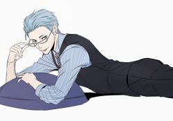Rule 34 | 1boy, bespectacled, blue hair, brown-framed eyewear, glasses, hair slicked back, idolmaster, idolmaster side-m, kuzunoha amehiko, looking at viewer, lying, male focus, necktie, on stomach, pillow, purple eyes, ryeon (gs oik), simple background, smile, solo, tongue, tongue out, waistcoat, white background