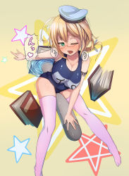 Rule 34 | 10s, 1girl, ^^^, blonde hair, blue eyes, book, breasts, full body, glasses, hat, heart, highres, i-8 (kancolle), kantai collection, large breasts, long hair, low twintails, name tag, no shoes, one-piece swimsuit, one eye closed, open mouth, peaked cap, personification, pink thighhighs, red-framed eyewear, school swimsuit, sexually suggestive, smile, solo, swimsuit, thighhighs, torpedo, twintails, urigarasu, white thighhighs