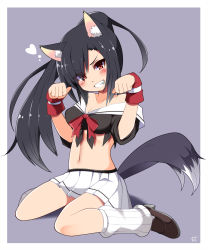 Rule 34 | 1girl, :d, animal ears, azur lane, black hair, breasts, cleavage, collarbone, commentary request, full body, grin, long hair, looking at viewer, medium breasts, navel, open mouth, paw pose, pleated skirt, red eyes, school uniform, serafuku, shigure (azur lane), sitting, skirt, slit pupils, smile, solo, suzuna (najaran), tail, wariza, wolf ears, wolf tail, wrist cuffs