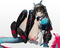 Rule 34 | 1girl, absurdres, arknights, arknights: endfield, artist name, black eyes, black footwear, black hair, blue gloves, blue jacket, boots, chen qianyu (arknights), dragon girl, dragon horns, dragon tail, dress, flame-tipped tail, gloves, hair between eyes, highres, horns, jacket, knee boots, legs up, long hair, long sleeves, mackia, open clothes, open jacket, ponytail, simple background, sitting, solo, tail, thighs, white background, white dress
