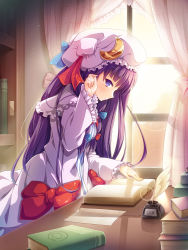 Rule 34 | 1girl, adjusting hair, anime coloring, backlighting, blush, book, book stack, bookshelf, bottle, bow, collar, curtains, desk, dress, frilled collar, frilled shirt collar, frilled sleeves, frills, hair bow, hair over shoulder, hat, highres, hip focus, indoors, ink bottle, iwayuu, lens flare, light particles, long hair, long sleeves, looking at viewer, looking to the side, mob cap, open book, paper, patchouli knowledge, purple eyes, purple hair, quill, reflection, room, smile, solo, striped clothes, striped dress, sun, sunlight, touhou, very long hair, window
