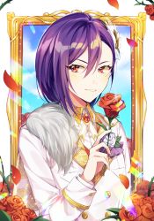 Rule 34 | 1girl, bad id, bad pixiv id, bang dream!, boutonniere, brooch, collared shirt, flower, formal, grin, hair between eyes, hair ornament, holding, holding flower, jewelry, long hair, long sleeves, looking at viewer, minori (faddy), neck ribbon, petals, picture frame, purple hair, red eyes, red flower, red rose, ribbon, rose, seta kaoru, shirt, smile, solo, suit, upper body, v-shaped eyebrows, white flower, white ribbon, white rose, white suit
