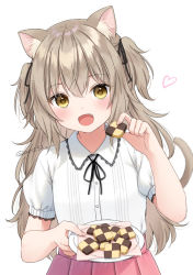 Rule 34 | 1girl, :d, animal ears, black ribbon, blush, brown hair, cat ears, cat girl, cat tail, checkerboard cookie, collared shirt, commentary request, cookie, fang, food, hair between eyes, hair ribbon, hand up, heart, holding, holding food, holding plate, lace trim, long hair, looking at viewer, neck ribbon, open mouth, original, pink skirt, plate, pleated skirt, puffy short sleeves, puffy sleeves, ribbon, shirt, short sleeves, simple background, skirt, smile, solo, tail, twitter username, two side up, very long hair, white background, white shirt, yellow eyes, yumoran