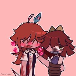 1boy1girl bad_tag blood bow bow-shaped_hair claire_(fundamental_paper_education) couple crying engel_(fundamental_paper_education) fundamental_paper_education green_eyes heart kidnapped kiffy_(artist) knife male_yandere scared tears yandere