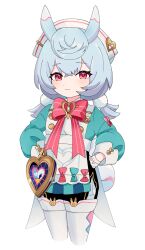 Rule 34 | 1girl, animal ears, apron, awe (adorableduckyy), blue hair, bow, child, closed mouth, genshin impact, hair between eyes, hands on own hips, hat, heart, highres, long hair, long sleeves, looking at viewer, low twintails, pantyhose, puffy long sleeves, puffy sleeves, rabbit ears, red bow, red eyes, shirt, shorts, sigewinne (genshin impact), simple background, smile, solo, tail, thighhighs, twintails, waist apron, white apron, white background, white hat