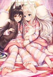 Rule 34 | 2girls, animal ear fluff, animal ears, barefoot, bed, black hair, blue eyes, blush, brown eyes, canopy bed, commentary request, curtains, day, feet, fox ears, fox girl, fox tail, highres, holding tail, indoors, long hair, long sleeves, looking at another, looking at viewer, multiple girls, nose blush, on bed, open mouth, original, pajamas, pillow, sakura ani, silver hair, sitting, soles, striped clothes, striped sweater, sweater, tail, toes, window