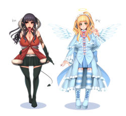 Rule 34 | 2girls, :&gt;, angel wings, bad id, bad pixiv id, bare shoulders, belly, belt, black hair, black legwear, blunt bangs, boots, bow, breasts, center opening, cleavage, copyright request, cross-laced footwear, demon tail, detached wings, dress, earrings, gloves, green eyes, halo, hand on own hip, hip focus, horns, huge breasts, jewelry, kate (alice catharsis), long tongue, midriff, miniskirt, multiple girls, navel, open mouth, overskirt, piercing, platform footwear, pointy ears, red eyes, showgirl skirt, skirt, smile, standing, striped clothes, striped legwear, striped thighhighs, tail, tattoo, thighhighs, tongue, tongue out, tongue piercing, translated, v, wings, zettai ryouiki