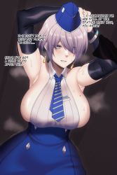 Rule 34 | 1girl, armpits, arms up, bare shoulders, blue eyes, blue headwear, blue necktie, breasts, brid (nikke), cero rains, clenched teeth, collared shirt, dangle earrings, earrings, elbow gloves, english text, gloves, goddess of victory: nikke, high-waist skirt, highres, jewelry, large breasts, mole, mole on breast, necktie, shirt, short hair, skirt, solo, sweat, teeth
