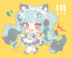 Rule 34 | !, !!, 1girl, animal ears, apron, black dress, blue hair, blush, cat ears, cat tail, chibi, dress, drill hair, elbow gloves, embarrassed, fake animal ears, fake tail, food, gloves, goddess of victory: nikke, highres, holding, holding plate, legwear garter, light blue hair, long hair, maid, maid headdress, neck bell, official alternate costume, omelet, omurice, paw hair ornament, plate, privaty (nikke), privaty (unkind maid) (nikke), solo, suicapenginm, tail, thighhighs, twin drills, twintails, very long hair, wavy mouth, white apron, white gloves, white thighhighs, yellow eyes