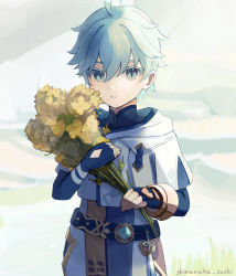 Rule 34 | 1boy, antenna hair, blue hair, chinese clothes, chongyun (genshin impact), commentary request, cowboy shot, fingerless gloves, flower, genshin impact, gloves, hair between eyes, highres, holding, holding flower, jewelry, looking at viewer, male focus, shimanakao (shimanaka sushi), short hair, simple background, solo