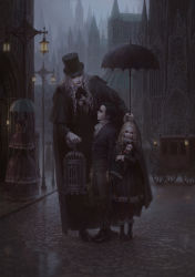 Rule 34 | 2boys, 2girls, absurdres, arms at sides, ascot, back, black dress, black eyes, black footwear, black hair, black hat, black jacket, black pants, blonde hair, bloodborne, boots, brown hair, buttons, cage, capelet, carriage, character request, child, church, city, cloak, closed eyes, dark, doll, dress, full body, gloves, goth fashion, hat, highres, holding, holding doll, holding hands, holding umbrella, jacket, lace trim, lantern, leaning forward, long hair, long sleeves, looking at another, multiple boys, multiple girls, neck ribbon, neck ruff, outdoors, pants, pantyhose, pavement, plain doll, rain, ribbon, road, shoes, signature, silver hair, smile, standing, street, striped clothes, striped legwear, striped pantyhose, suitcase, top hat, umbrella, vampire, victorian, walking, white gloves, zhoujialin