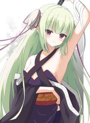 1230_mochi 1girl arm_under_breasts armpits arms_up bandaged_arm bandages bare_shoulders black_kimono blunt_bangs blunt_ends blush breasts closed_mouth commentary cowboy_shot criss-cross_halter green_hair hair_ribbon halterneck happy highres hime_cut holding holding_sword holding_weapon japanese_clothes katana kimono long_hair long_ribbon long_sleeves looking_at_viewer murasame_(senren) no_bra purple_ribbon red_eyes red_sash ribbon sash senren_banka sideboob sidelighting sidelocks simple_background small_breasts smile solo split_mouth straight_hair sword two_side_up very_long_hair weapon white_background wide_sleeves