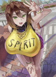 Rule 34 | bracelet, breasts, brown hair, clothes writing, green eyes, hair intakes, huge breasts, jewelry, kazo (kazozakazo), looking at viewer, mazaki anzu, necklace, open mouth, outdoors, shirt, skirt, sleeveless, standing, yellow shirt, yu-gi-oh!, yu-gi-oh! the dark side of dimensions