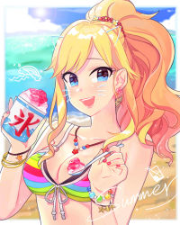 Rule 34 | 1girl, animal ears, bare shoulders, beach, bead bracelet, bead necklace, beads, bikini, blonde hair, blue eyes, blush, bracelet, breasts, cat ears, cleavage, collarbone, day, earrings, facial mark, food, front-tie top, highres, idolmaster, idolmaster cinderella girls, idolmaster cinderella girls starlight stage, jewelry, medium breasts, nail polish, necklace, ohtsuki yui, open mouth, outdoors, pink nails, ponytail, shaved ice, sidelocks, smile, solo, spoon, striped bikini, striped clothes, swept bangs, swimsuit, wavy hair, wenquangua, whisker markings