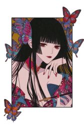 Rule 34 | 1girl, animal print, black hair, bug, butterfly, butterfly hair ornament, butterfly print, choker, dress, hair ornament, hand on own face, holding, holding smoking pipe, ichihara yuuko, insect, light smile, lipstick, long hair, makeup, nail polish, red choker, red eyes, red lips, red nails, robe, ry1115275908, smile, smoking pipe, solo, straight hair, xxxholic, yellow background