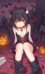 Rule 34 | 1girl, absurdres, amashiro natsuki, animal ears, bad id, bad twitter id, bat wings, black hair, book, breasts, candy, cross, cross necklace, food, heterochromia, highres, jack-o&#039;-lantern, jewelry, long hair, looking at viewer, necklace, open mouth, original, pumpkin, red eyes, small breasts, smile, solo, two side up, wings, yellow eyes