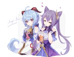 2girls, ahoge, artist name, bare shoulders, bell, black gloves, blue hair, bodystocking, braid, braided bangs, bubble tea, commentary request, cowbell, cropped torso, cup, detached sleeves, disposable cup, double bun, dress, dress flower, drinking, drinking straw, flower, flying sweatdrops, frilled sleeves, frills, ganyu (genshin impact), genshin impact, gloves, goat horns, gold trim, hair cones, hair flower, hair ornament, hand on own cheek, hand on own face, heart, high collar, holding, holding cup, horns, jewelry, keqing (genshin impact), long hair, multiple girls, neck bell, necklace, nejikyuu, pelvic curtain, purple dress, purple eyes, purple gloves, purple hair, reward available, sidelocks, signature, single braid, sleeveless, sleeveless dress, smile, twintails, upper body, very long hair, white flower