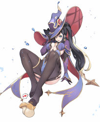 Rule 34 | 1girl, black hair, black pantyhose, blue eyes, blush, breasts, cleavage cutout, clothing cutout, feet, genshin impact, hat, hat tip, highres, knees apart feet together, long hair, looking at viewer, mona (genshin impact), mushroom, open mouth, pantyhose, sexually suggestive, simple background, solo, spread toes, suggestive fluid, thigh strap, toes, torn clothes, twintails, water drop, white background, witch hat