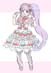 Rule 34 | 1girl, :d, absurdres, animal print, blunt bangs, blush, bow, center frills, collared dress, double v, dress, frilled dress, frilled hairband, frilled socks, frills, full body, hachimu yan, hair ornament, hairband, hands up, highres, idol clothes, lolita fashion, lolita hairband, long hair, looking at viewer, manaka non, multicolored clothes, multicolored dress, open mouth, pink bow, pink footwear, pink hairband, pink ribbon, pretty series, pripara, puffy short sleeves, puffy sleeves, purple eyes, purple hair, rabbit hair ornament, rabbit print, ribbon, short sleeves, side ponytail, sidelocks, smile, socks, solo, standing, sweet lolita, v, very long hair, white socks, wrist cuffs