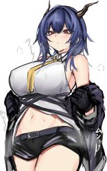 Rule 34 | 1girl, absurdres, arknights, armpit crease, bare shoulders, black gloves, black jacket, black shorts, blue hair, blush, breasts, ch&#039;en (arknights), commentary request, covered erect nipples, cowboy shot, dragon girl, dragon horns, gloves, hair between eyes, highres, horns, jacket, large breasts, long hair, looking down, mitarashi renge, navel, necktie, off shoulder, open mouth, red eyes, shorts, simple background, solo, stomach, white background, yellow necktie